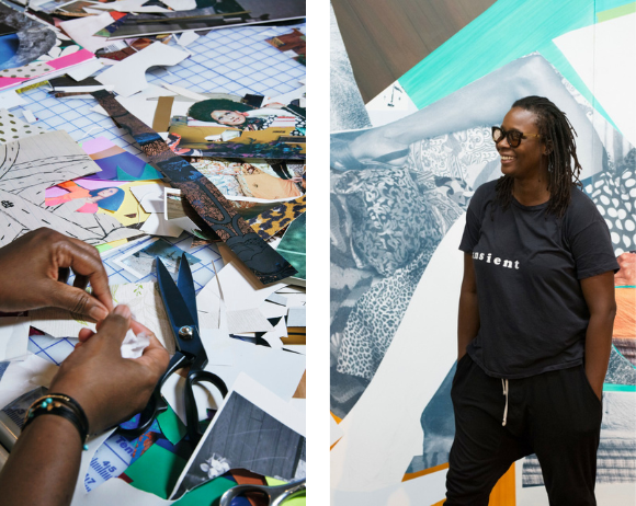 collage of close up mickalene working and standing up in front on art