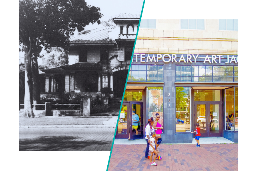 the building MOCA was established and the front of MOCA today merged with a turquoise line down the middle