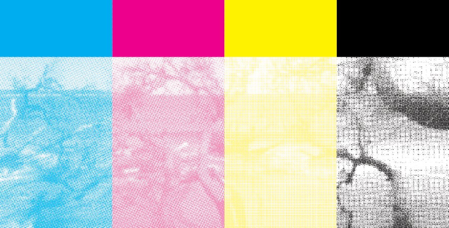 an landscape photo broken into bands of cyan magenta yellow black