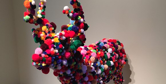 pompoms on dear hunting decoy in Art Aviators exhibit